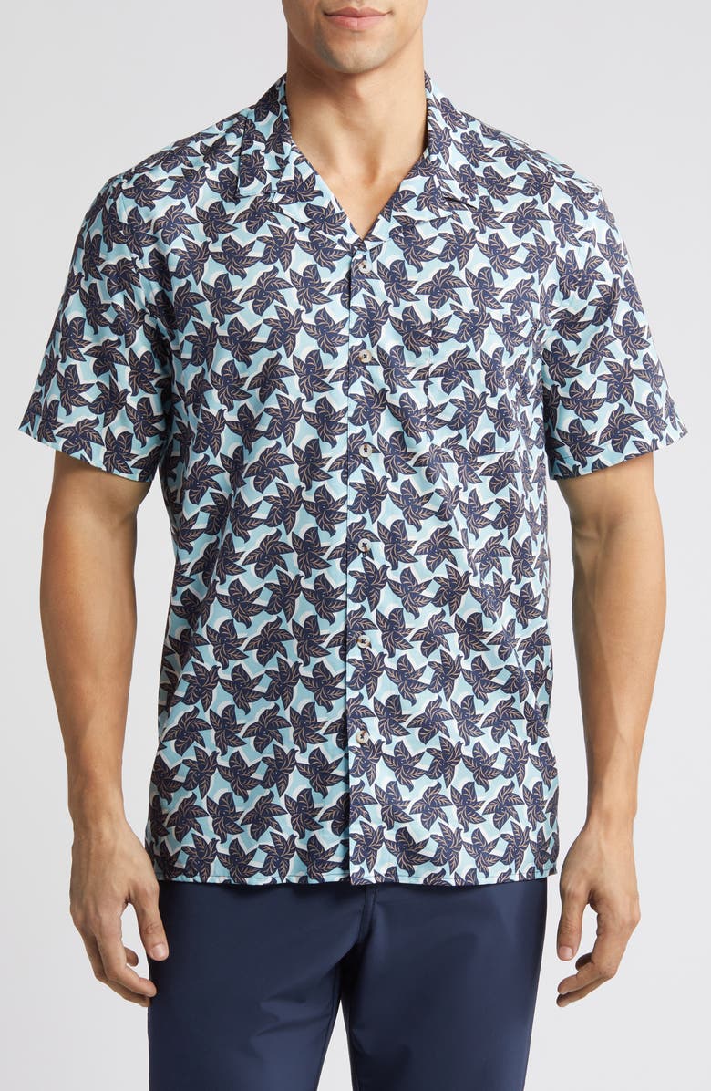 Johnston & Murphy Leaf Print Cotton and Modal Camp Shirt, Main, color, Blue