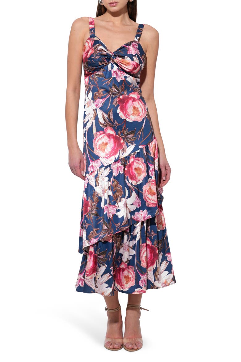 Dione Floral Tiered Ruffle Dress, Main, color, NAVY