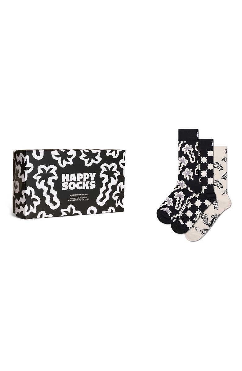Happy Socks Assorted 3-Pack Black & White Socks Gift Box, Alternate, color, Black