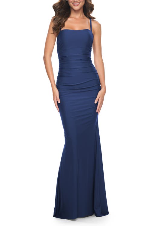 La Femme Simple Ruched Jersey Dress With Lace Up Back In Navy