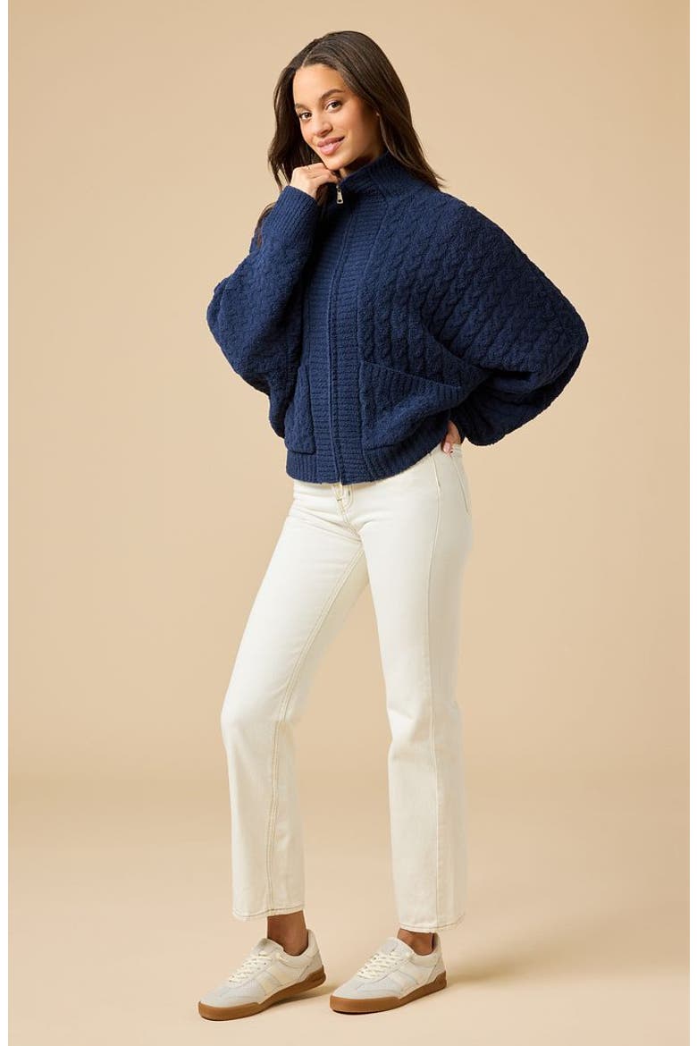 Cable Knit Marshmallow Funnel Neck Double Zip Jacket, Alternate, color, Midnight