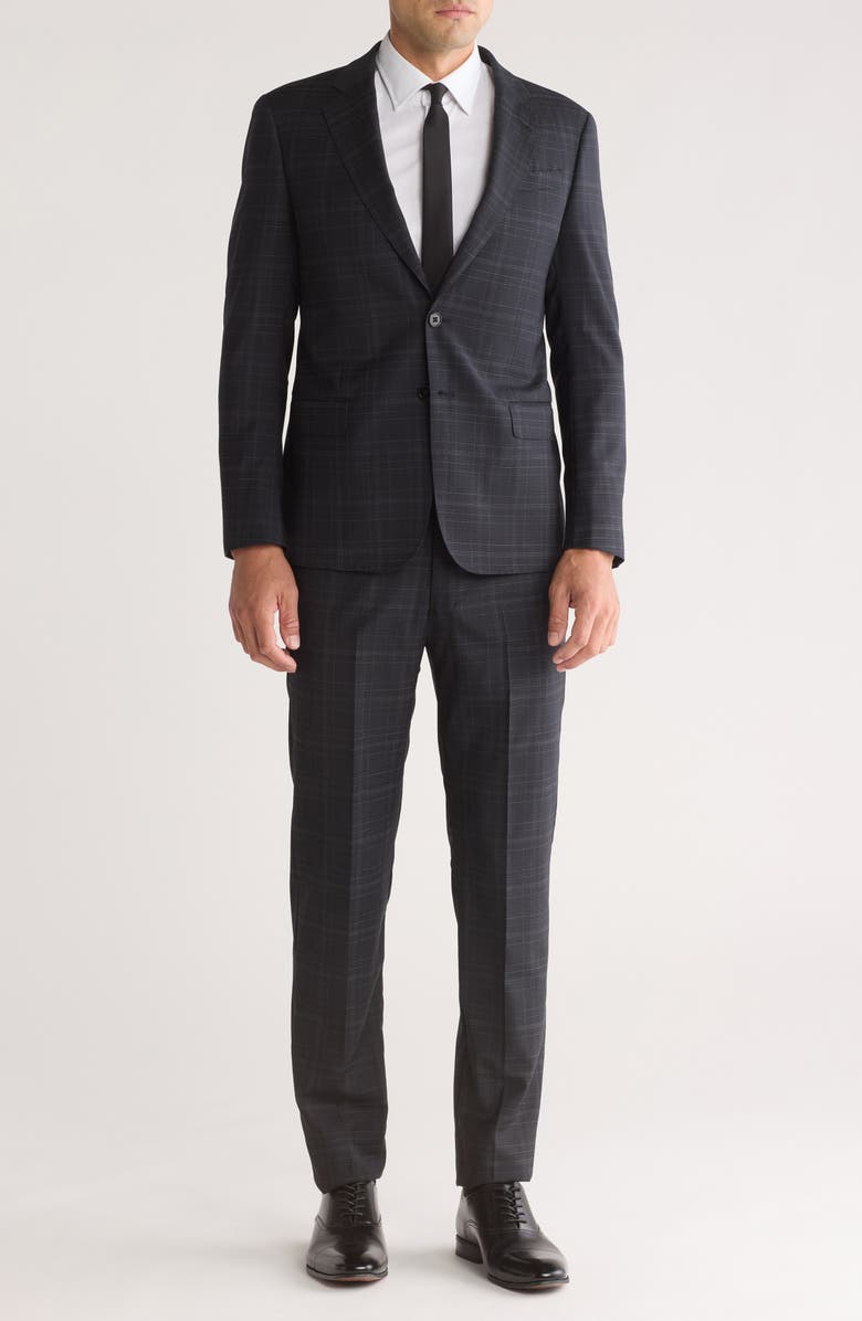 Armani Collezioni Trim Fit Windowpane Wool Suit, Main, color, Solid Black