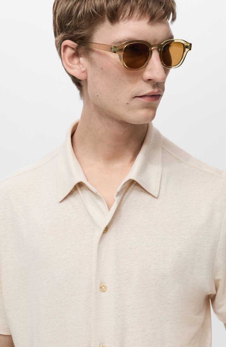 MANGO Regular Fit Short Sleeve Linen Blend Button-Up Shirt, Alternate, color, Ivory White