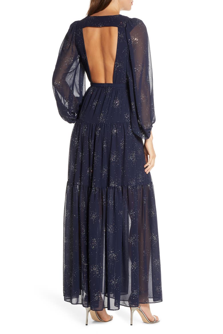 Long Sleeve Glitter Chiffon Maxi Dress, Alternate, color, NAVY
