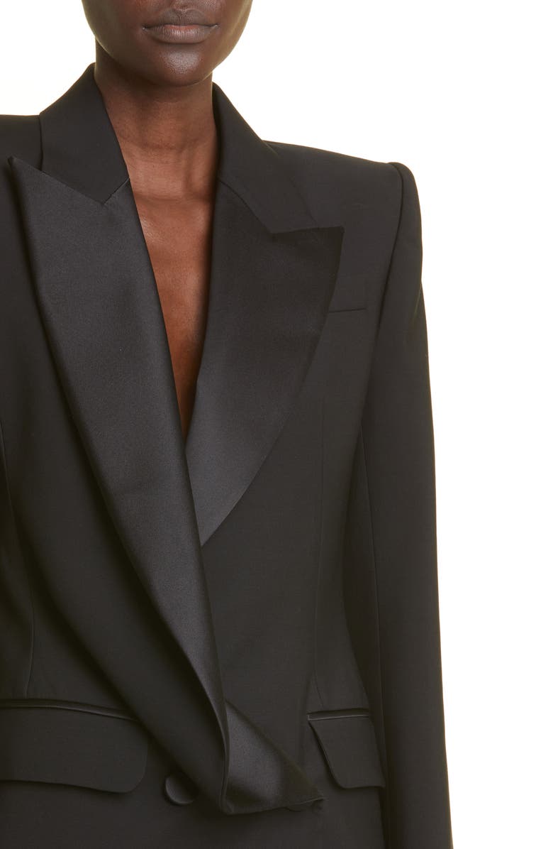 McQueen Asymmetric Drape Front Wool Tuxedo Jacket, Alternate, color, 