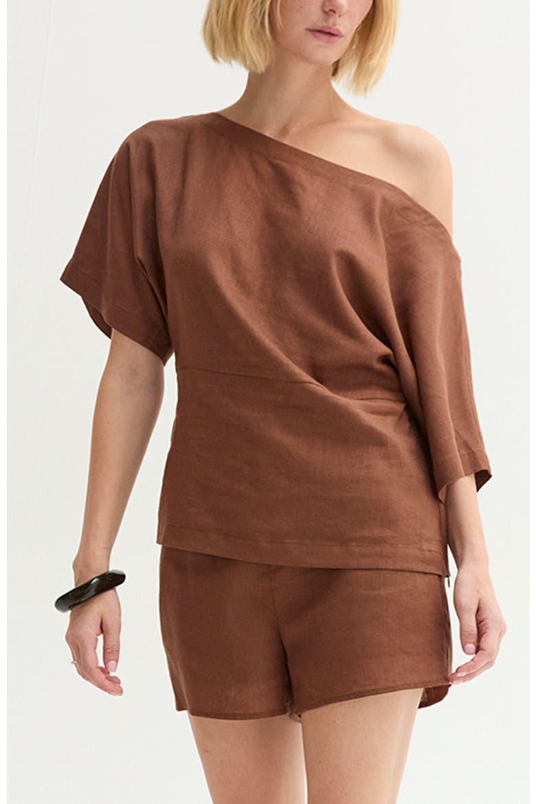 One Shoulder Linen Blend Top, Alternate, color, Brown