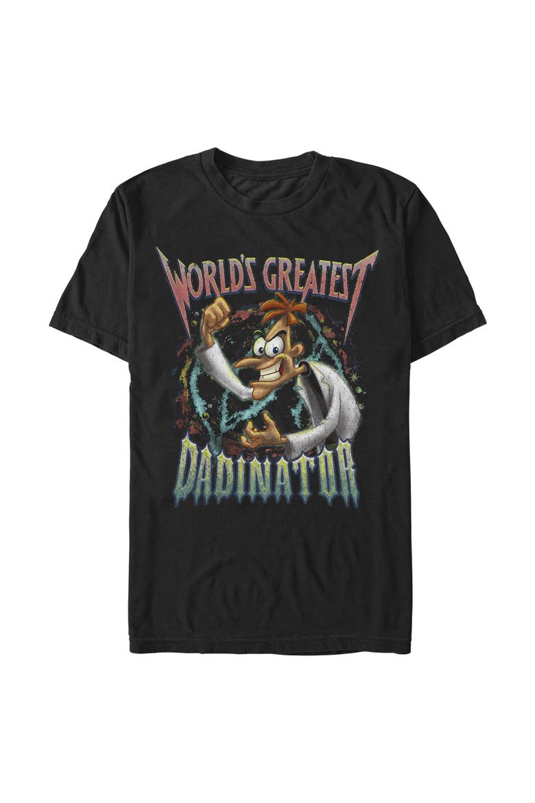 Men's Phineas and Ferb Worlds Greatest Dadinator  Graphic T-Shirt, Main, color, Black