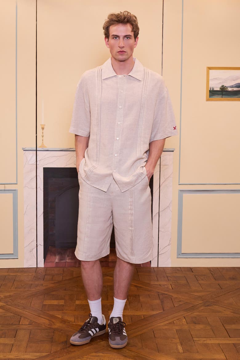 Daydreamers Short Sleeve Linen Shirt With Stitch Detail, Alternate, color, Beige