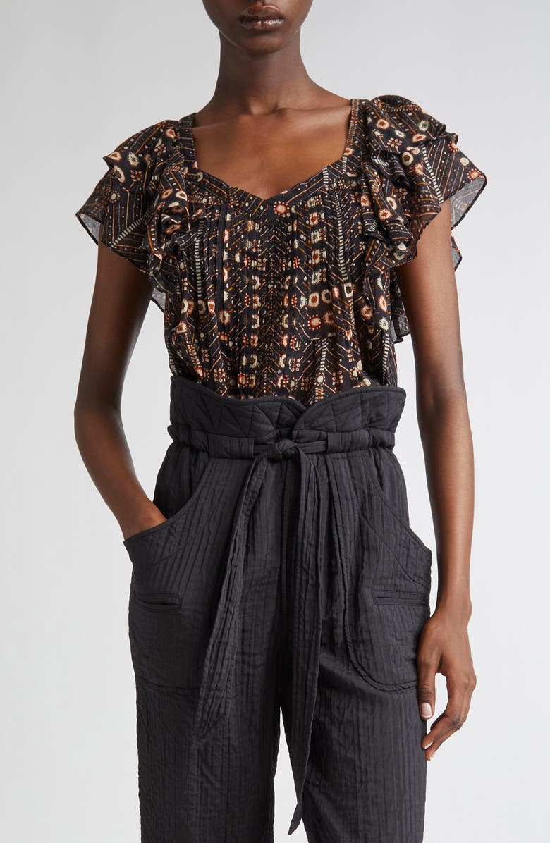 Isabel Marant Étoile Madrana Print Flutter Sleeve Top, Main, color, Faded Black