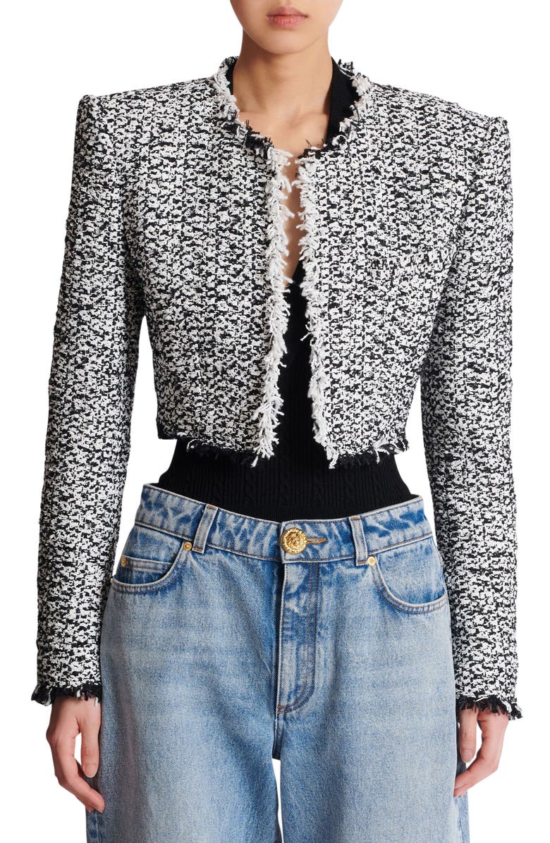 Balmain Cropped Tweed Jacket, Alternate, color, Black