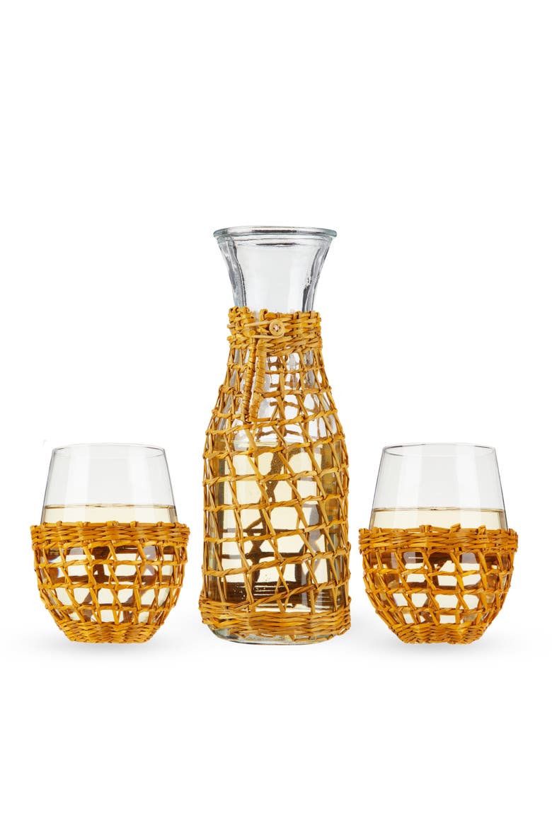 Island Carafe & Stemless Wine Glasses Set of 3, Main, color, Beige