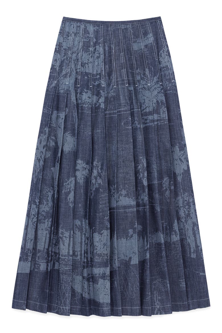Landscape Print Pleated Nonstretch Denim Skirt, Alternate, color, SHIPYARD INDIGO MULTI