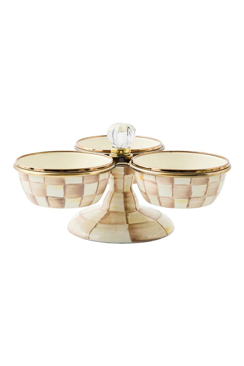 Mocha Check Enameled Steel Triplicity Bowls & Stand Set, Main, color, MOCHA
