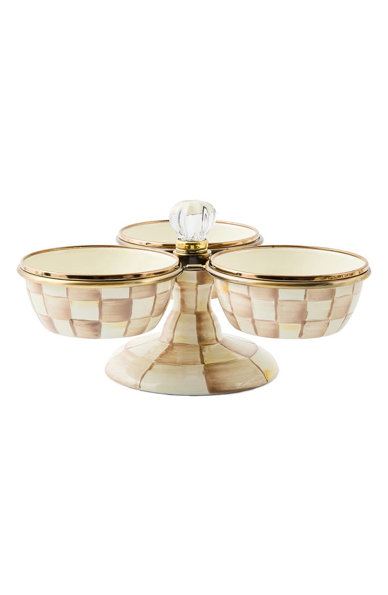 MACKENZIE CHILDS Mocha Check Enameled Steel Triplicity Bowls & Stand Set, Main, color, Mocha