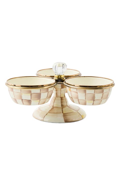 Mocha Check Enameled Steel Triplicity Bowls & Stand Set