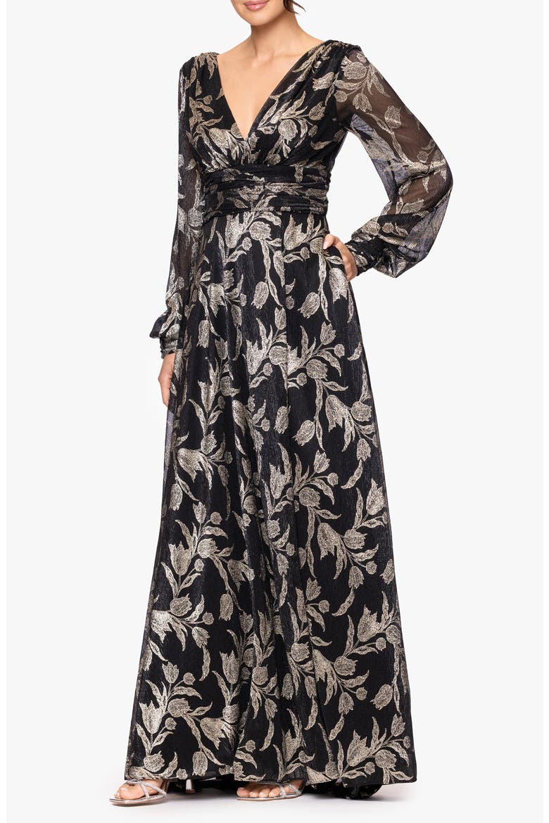 Metallic Floral Long Sleeve Crinkle Mesh Gown, Alternate, color, BLACK/GOLD