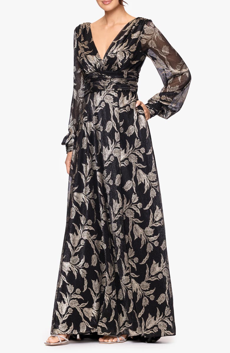 Betsy & Adam Metallic Floral Long Sleeve Crinkle Mesh Gown, Alternate, color, Black/Gold