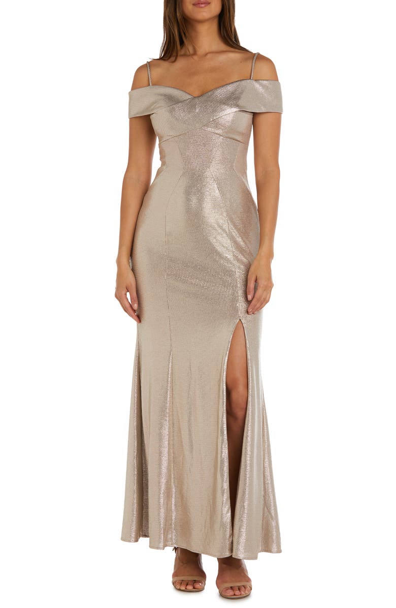 Nightway Portrait Collar Shimmer Gown, Main, color, 