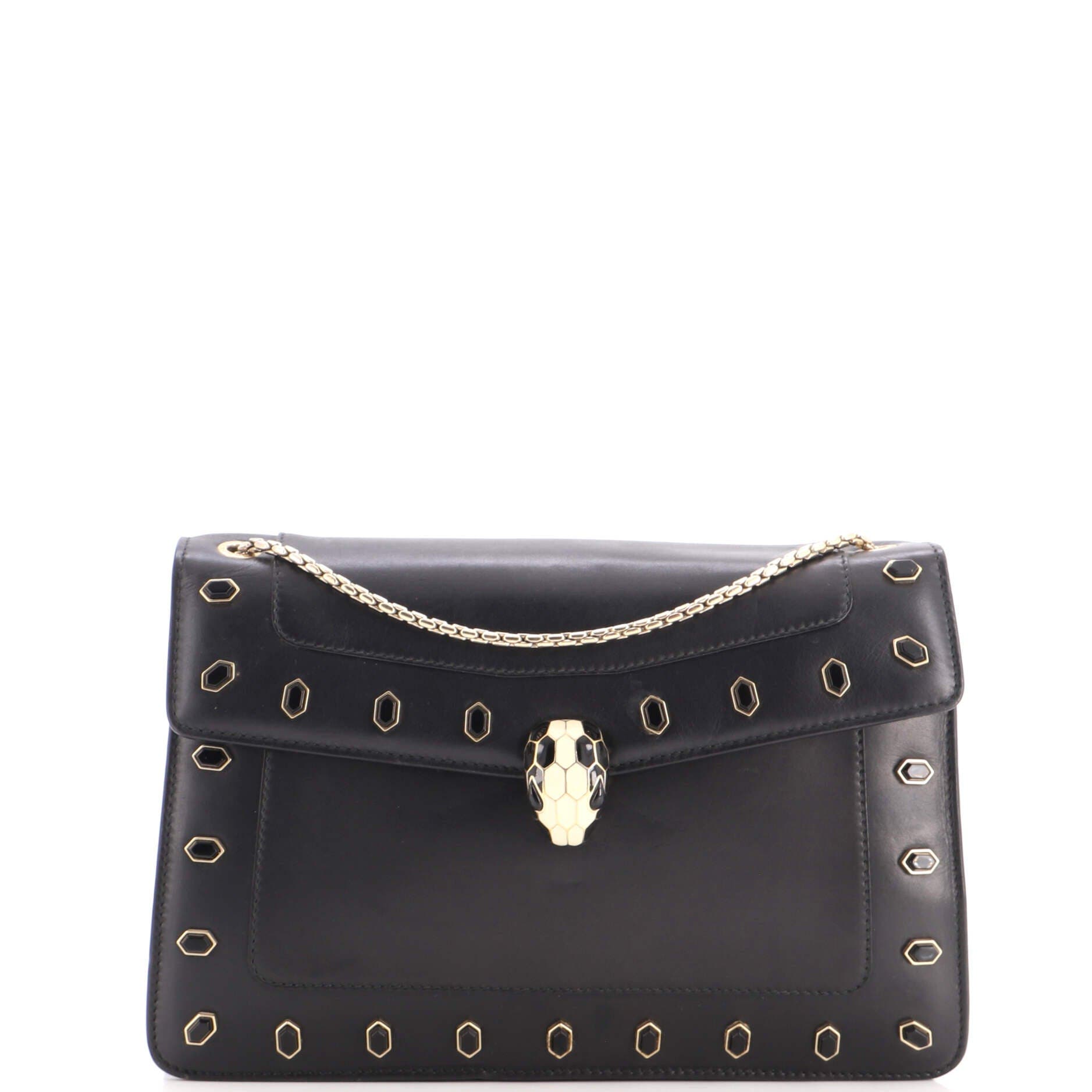 Serpenti Forever Shoulder Bag Embellished Leather Medium, Main, color, Black