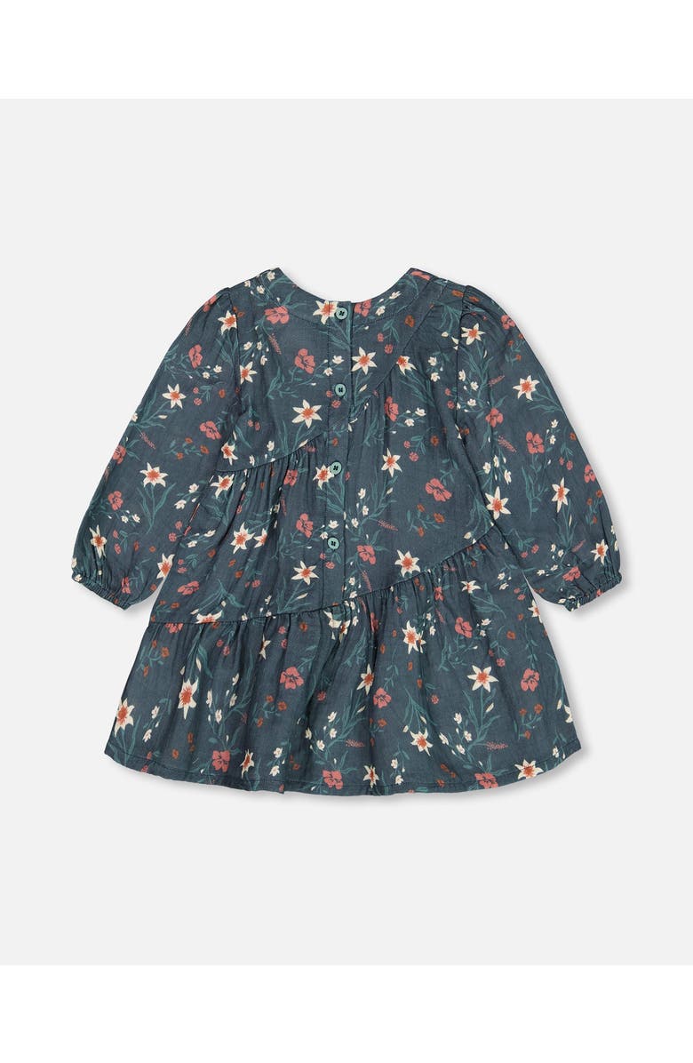 Deux par Deux Little Girl's Long Sleeve Muslin Dress Teal Printed Flowers, Alternate, color, 