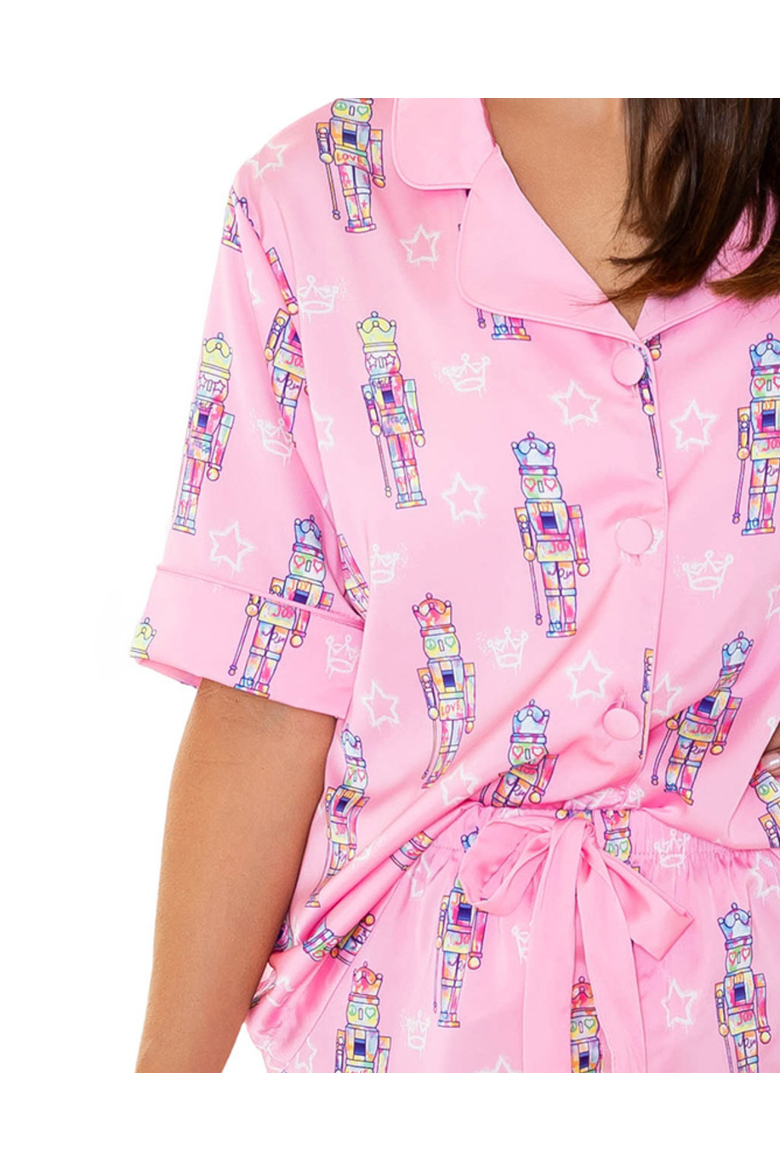 Graffiti Nutcracker Silky Short Sleeve Shorts Set, Alternate, color, Pink