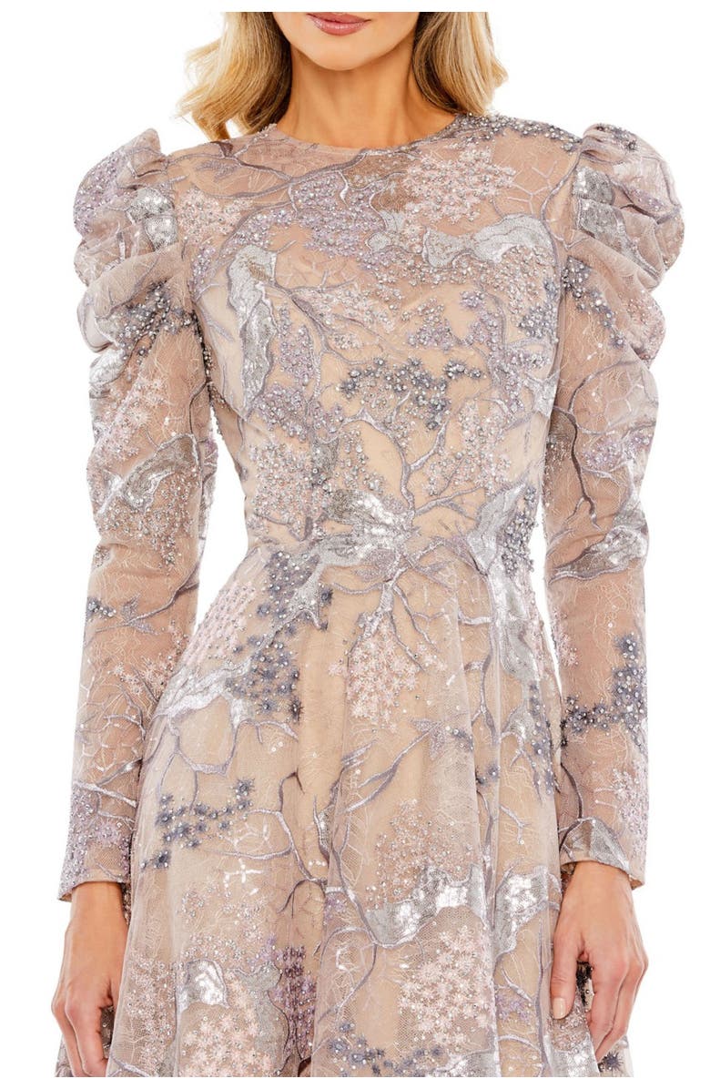 Mac Duggal Embellished High Neck Puff Sleeve A-Line Dress, Alternate, color, Taupe