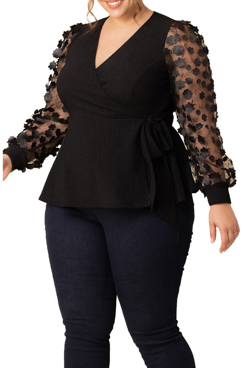 Scattered Petals 3D Sleeve Peplum Wrap Top, Alternate, color, ONYX BLOSSOMS