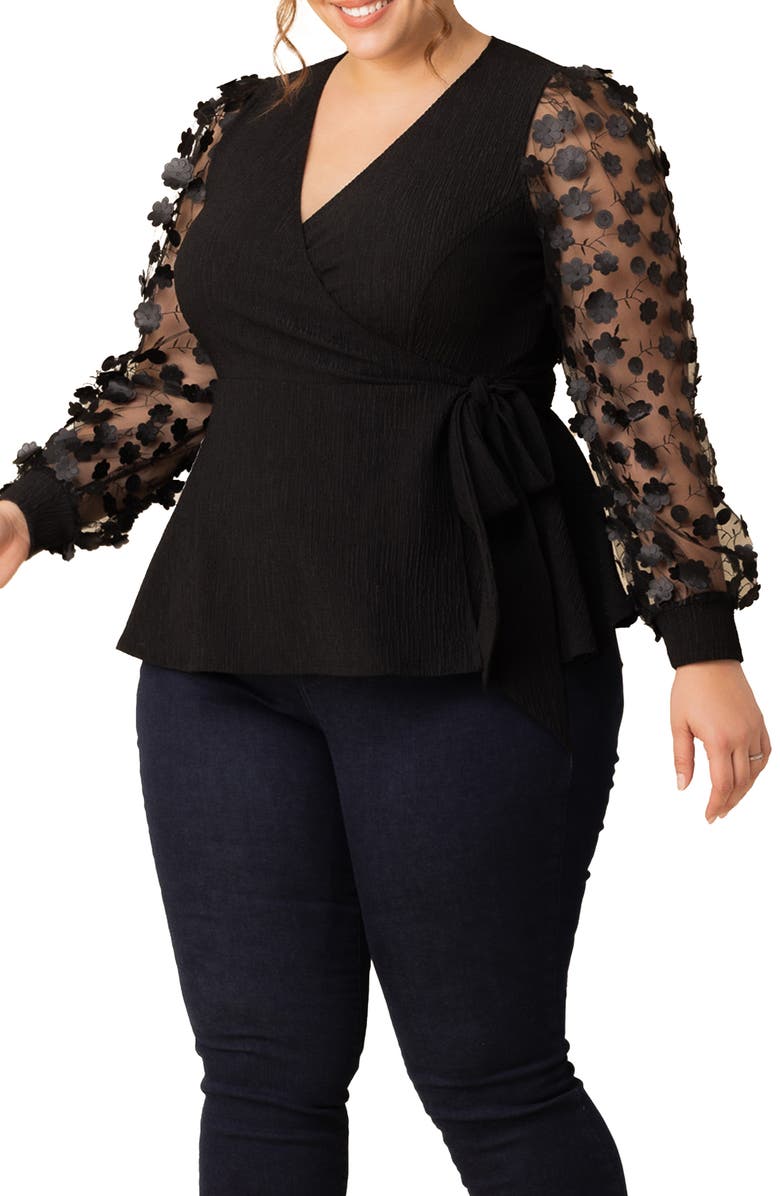 Kiyonna Scattered Petals 3D Sleeve Peplum Wrap Top, Alternate, color, Onyx Blossoms