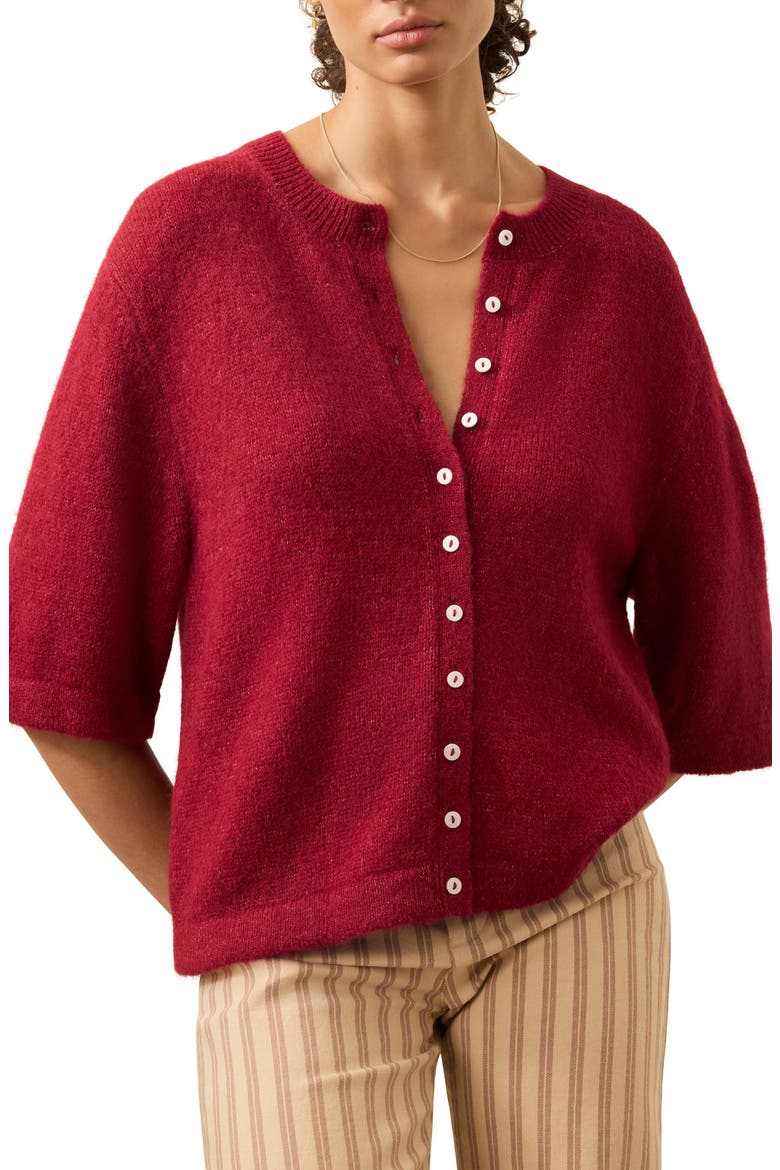 Apres Elbow Sleeve Alpaca & Pima Cotton Cardigan, Main, color, WINE RUST