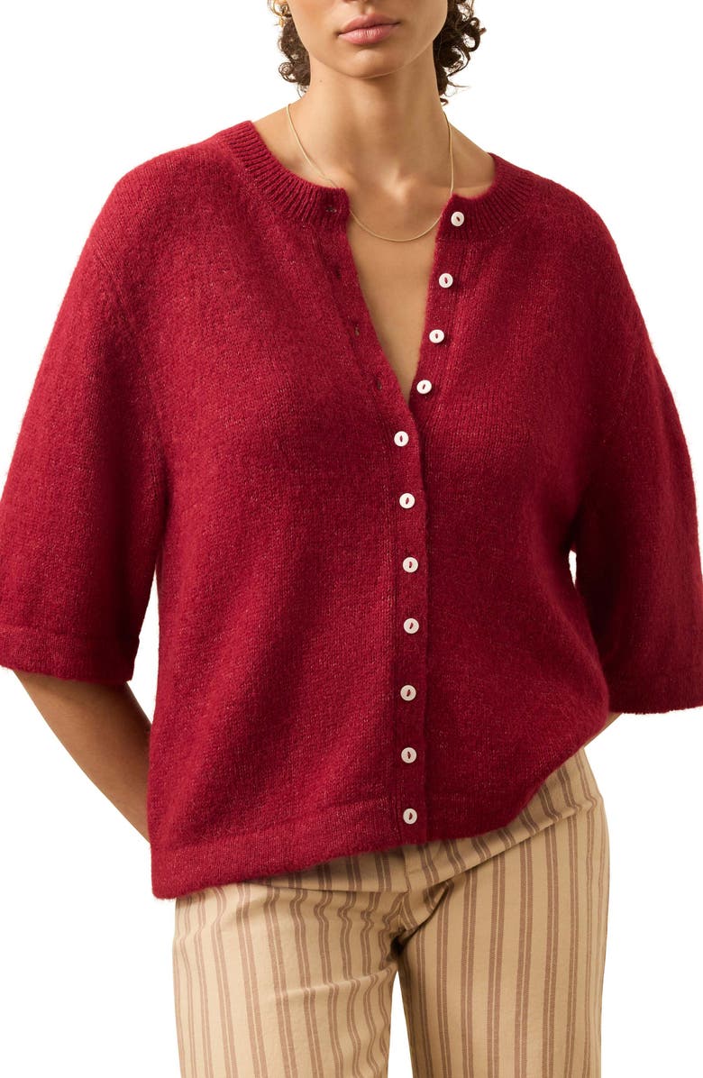 Faherty Apres Elbow Sleeve Alpaca & Pima Cotton Cardigan, Main, color, Wine Rust