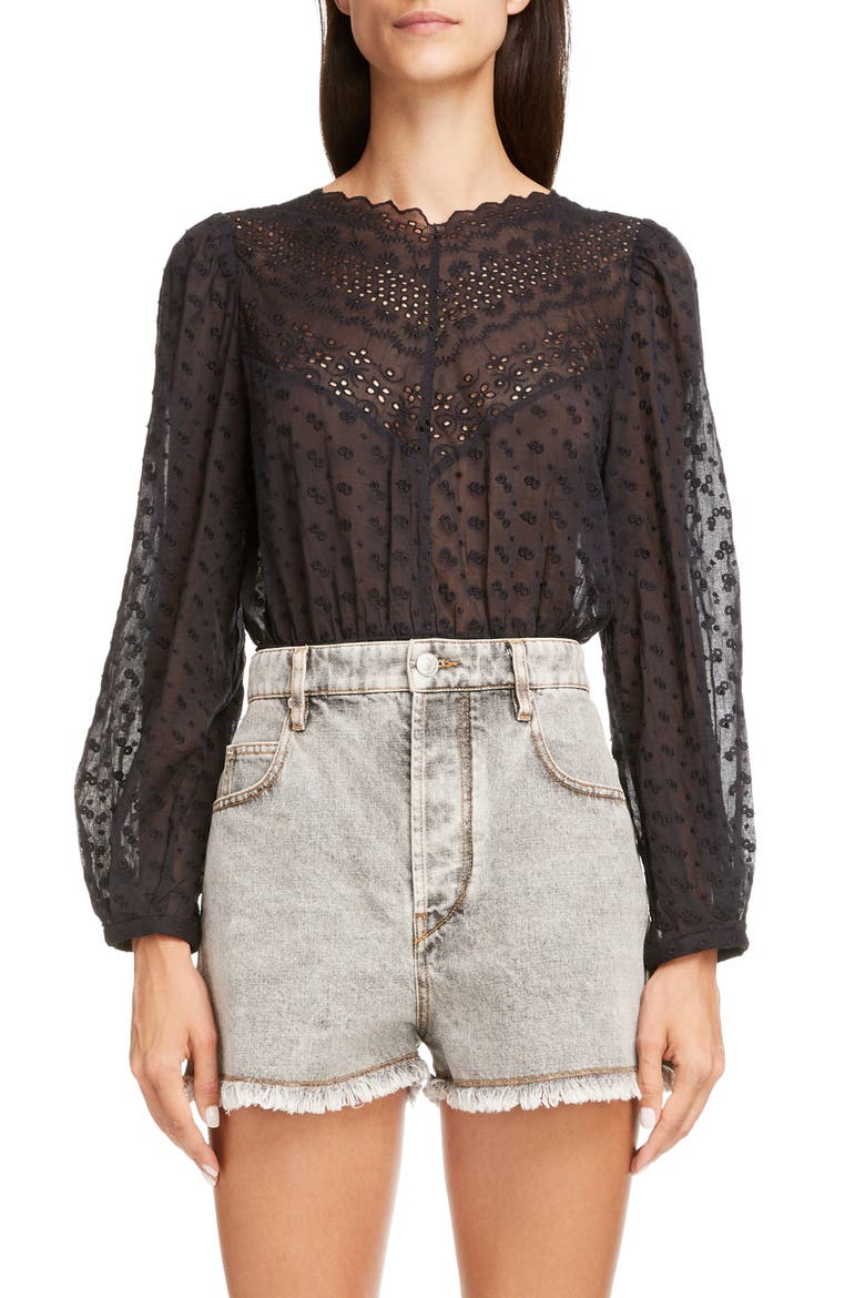 Taziae Reversible Embroidered Cotton Peplum Blouse, Main, color, BLACK