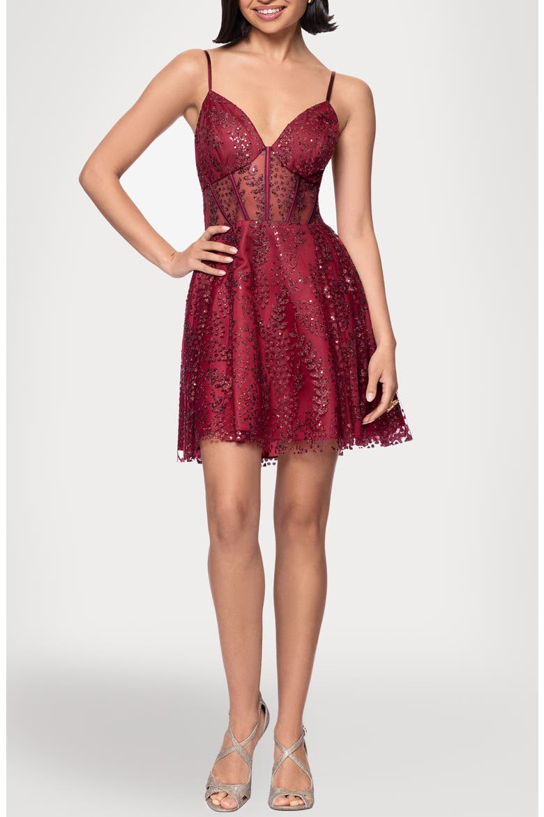 Glitter Illusion Lace-Up Fit & Flare Dress, Main, color, WINE