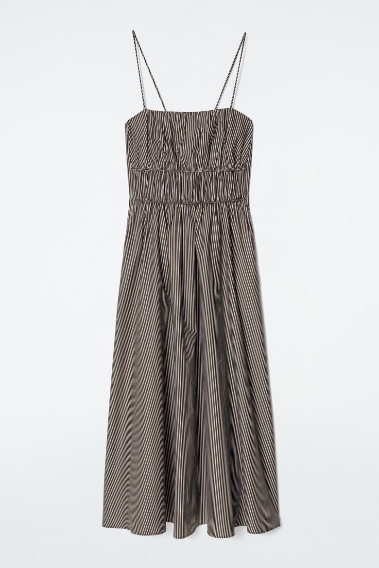 Striped Gathered Waist Midi Dress, Main, color, BROWN / STRIPED