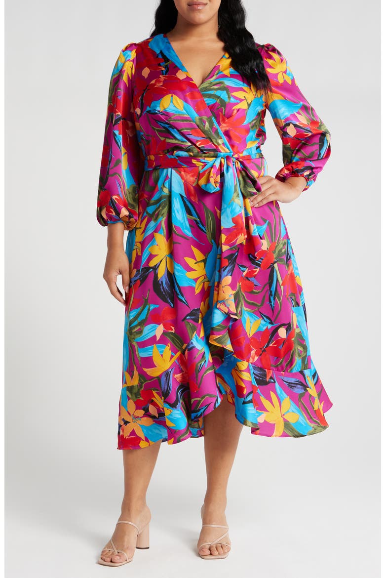 Floral Satin Faux Wrap Dress, Main, color, WILD BERRY MULTI