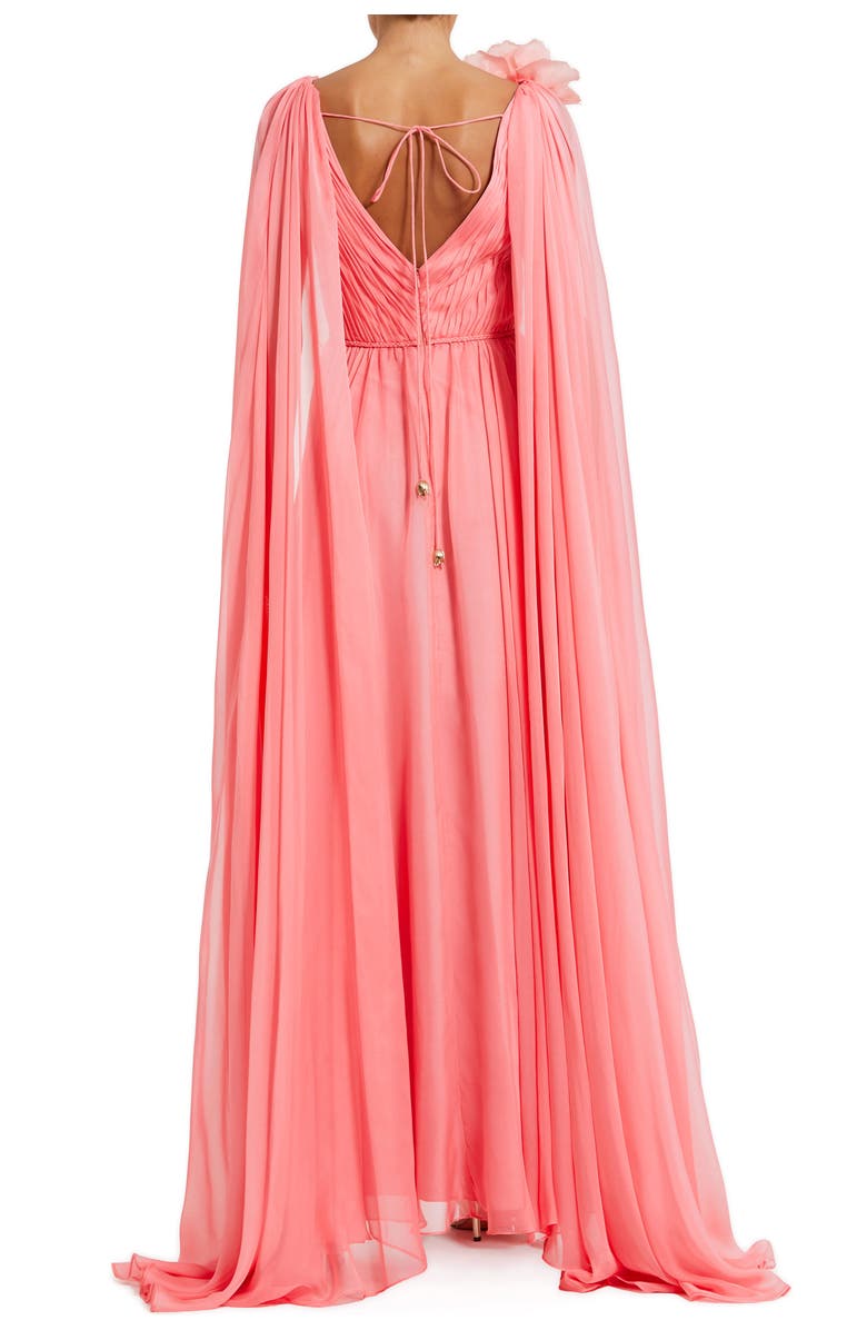 Mac Duggal Chiffon V-Neck Cape Sleeve Gown with Floral Shoulder Detail, Alternate, color, Hibiscus