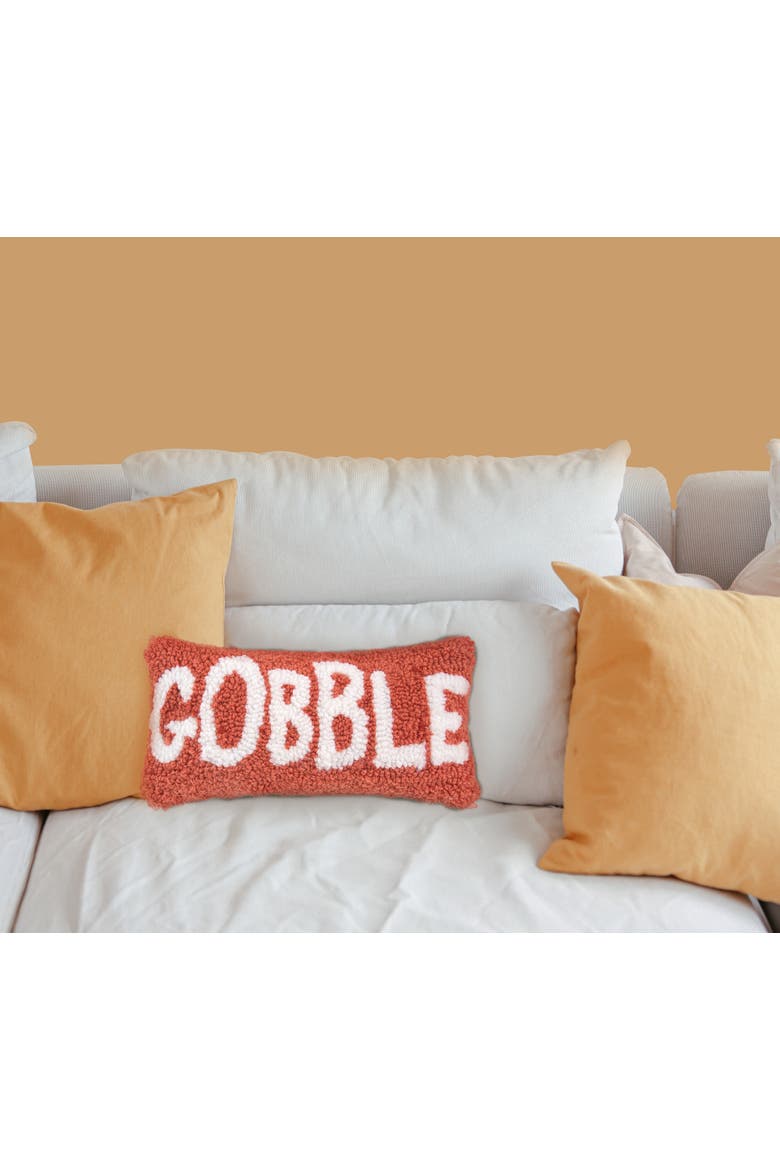 "Gobble" Thanksgiving Mini Hooked Lumbar Accent Pillow 6" x 12", Alternate, color, Orange
