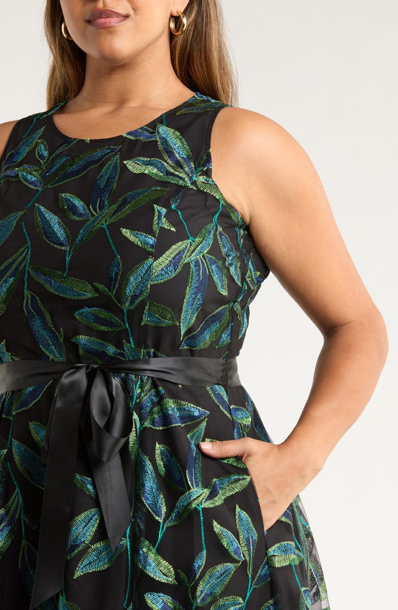 Tahari ASL Embroidered Tie Waist Sleeveless Midi Dress, Alternate, color, Black Jewel Teal