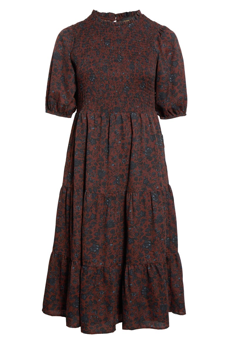 Kalida Beau Frazier Smocked Tiered Midi Dress, Main, color, CHOCOLATE
