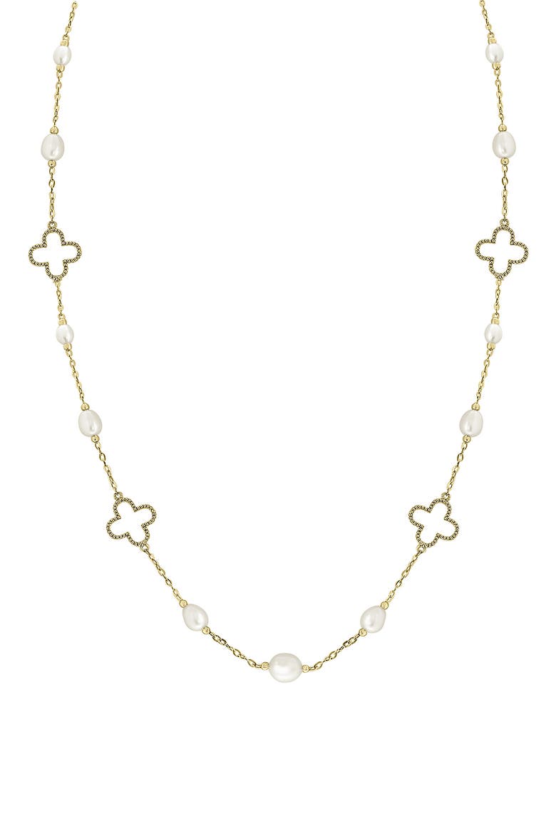 14K Yellow Gold Cultured Freshwater Pearl & Quatrefoil Station Chain Necklace, Main, color, WHITE