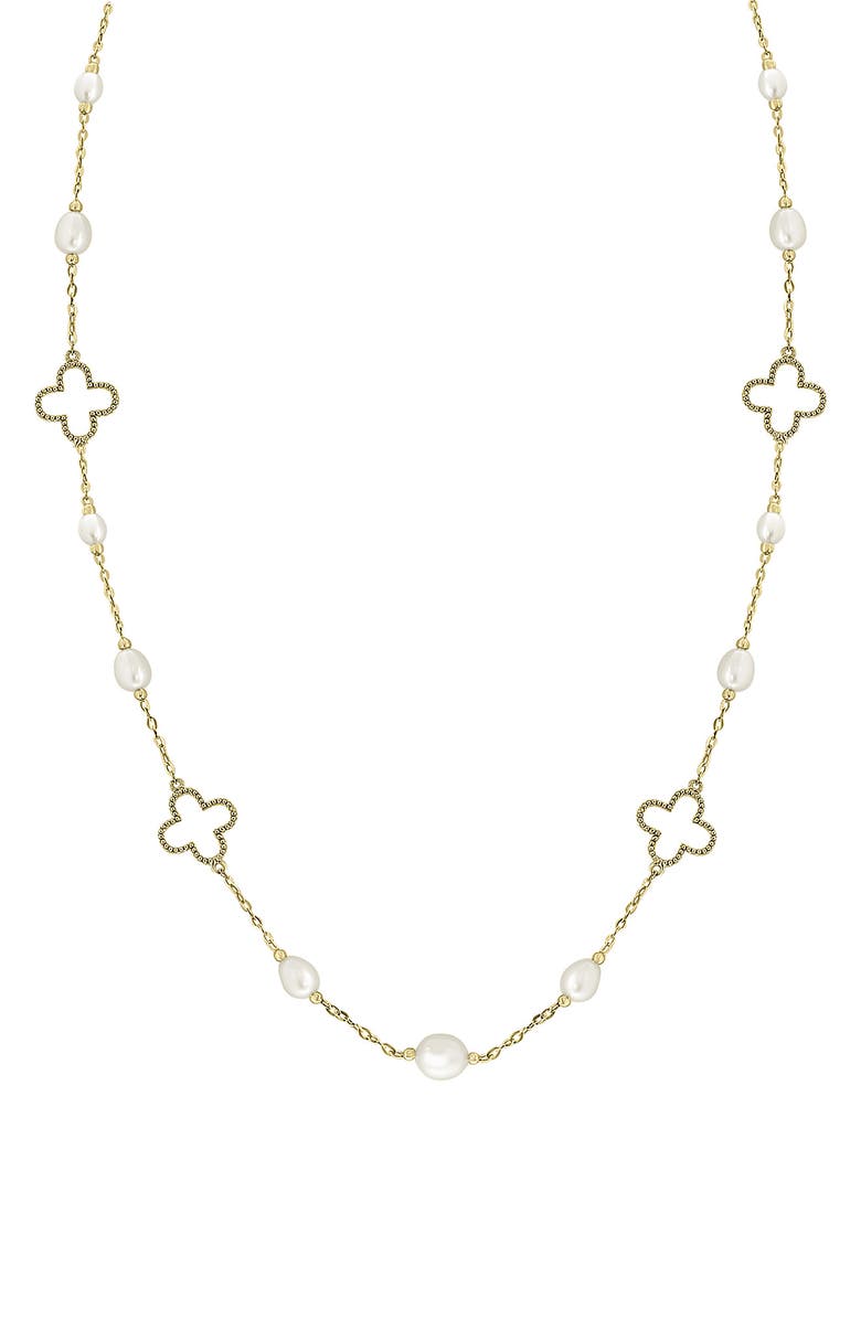EFFY 14K Yellow Gold Cultured Freshwater Pearl & Quatrefoil Station Chain Necklace, Main, color, White