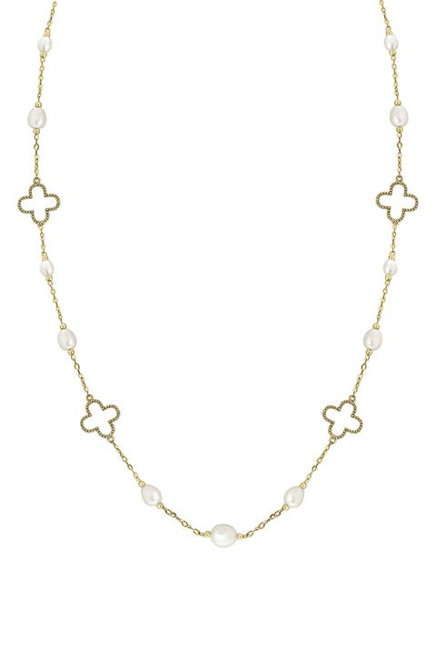 14K Yellow Gold Cultured Freshwater Pearl & Quatrefoil Station Chain Necklace