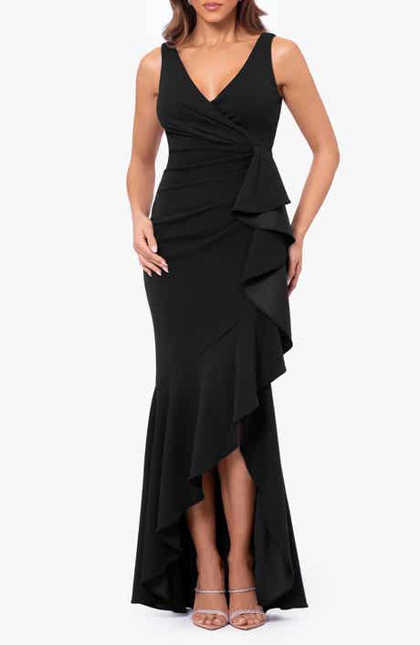 Betsy & Adam V-Neck Cascade Ruffle High-Low Gown