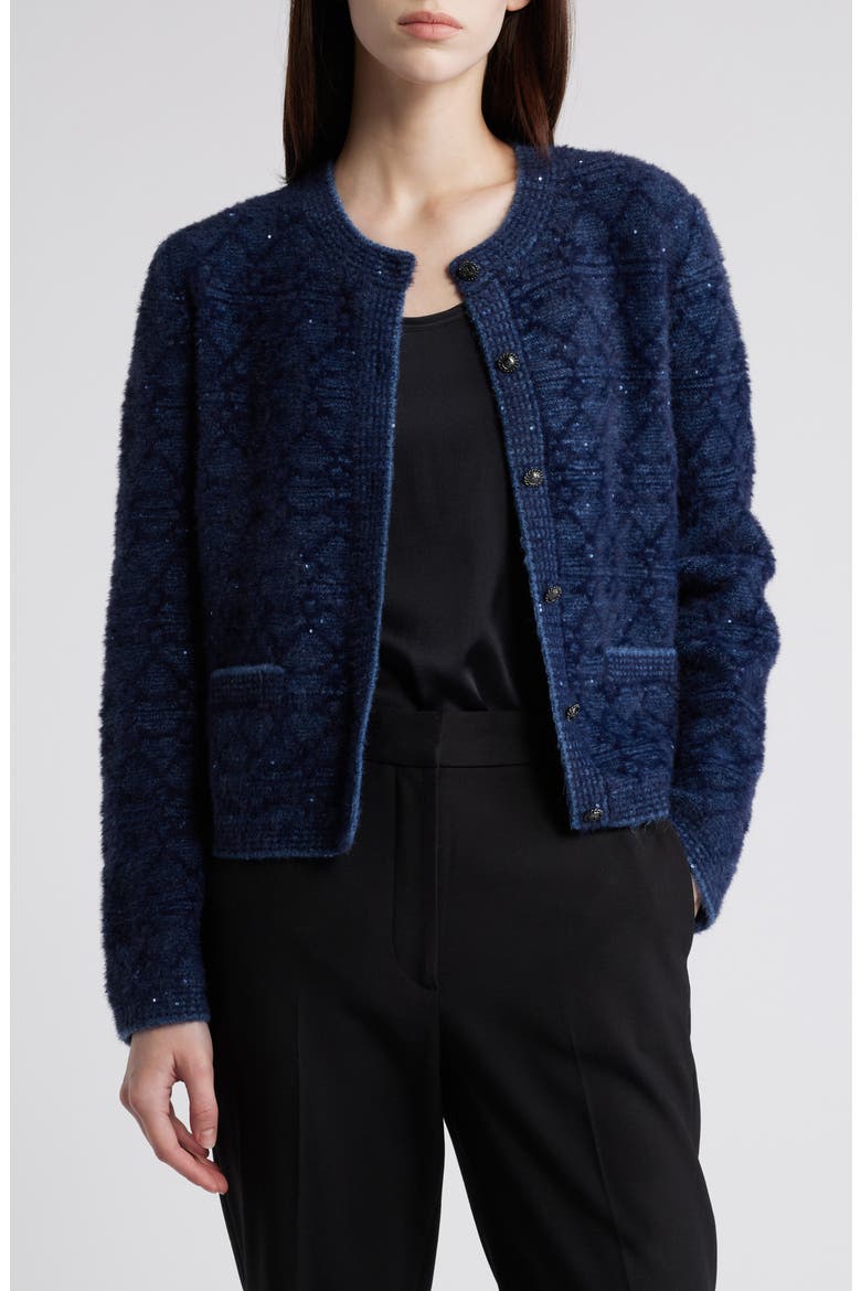 Evey Metalllic Jacquard Cardigan Sweater, Main, color, NAVY