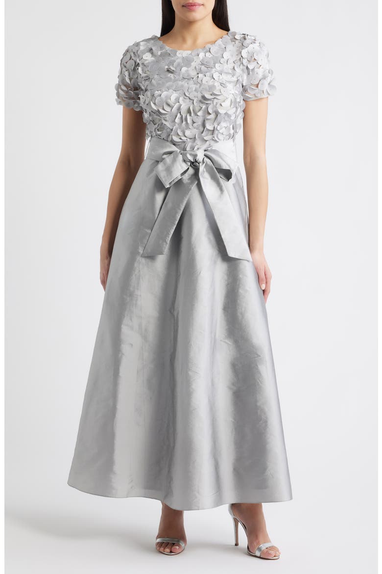 3D Beaded Paillette Bodice Taffeta A-Line Gown, Main, color, SILVER