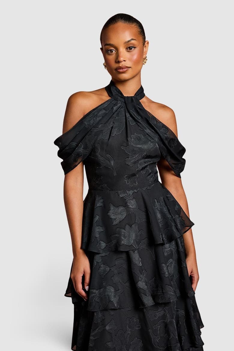Petite Cold Shoulder Midaxi Dress, Alternate, color, Black