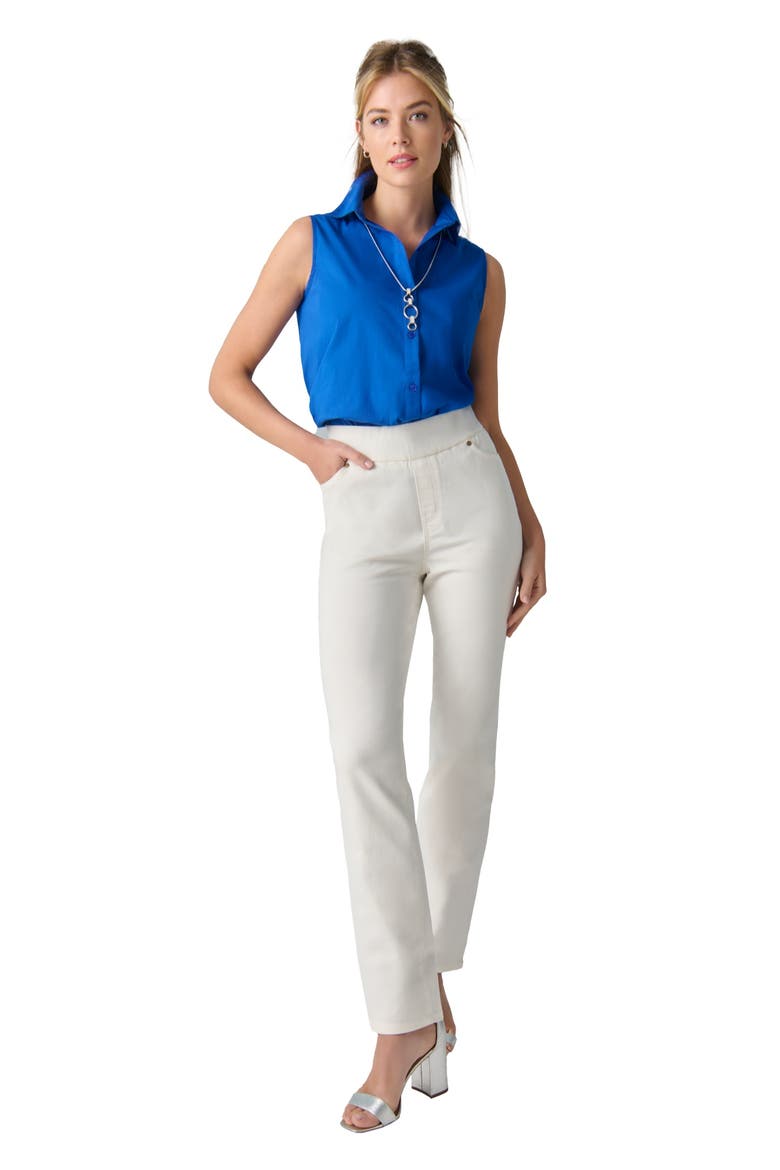 Comfort Waist Stretch Denim Straight-Leg Jean, Main, color, BLUE FLORAL EMBROIDERY