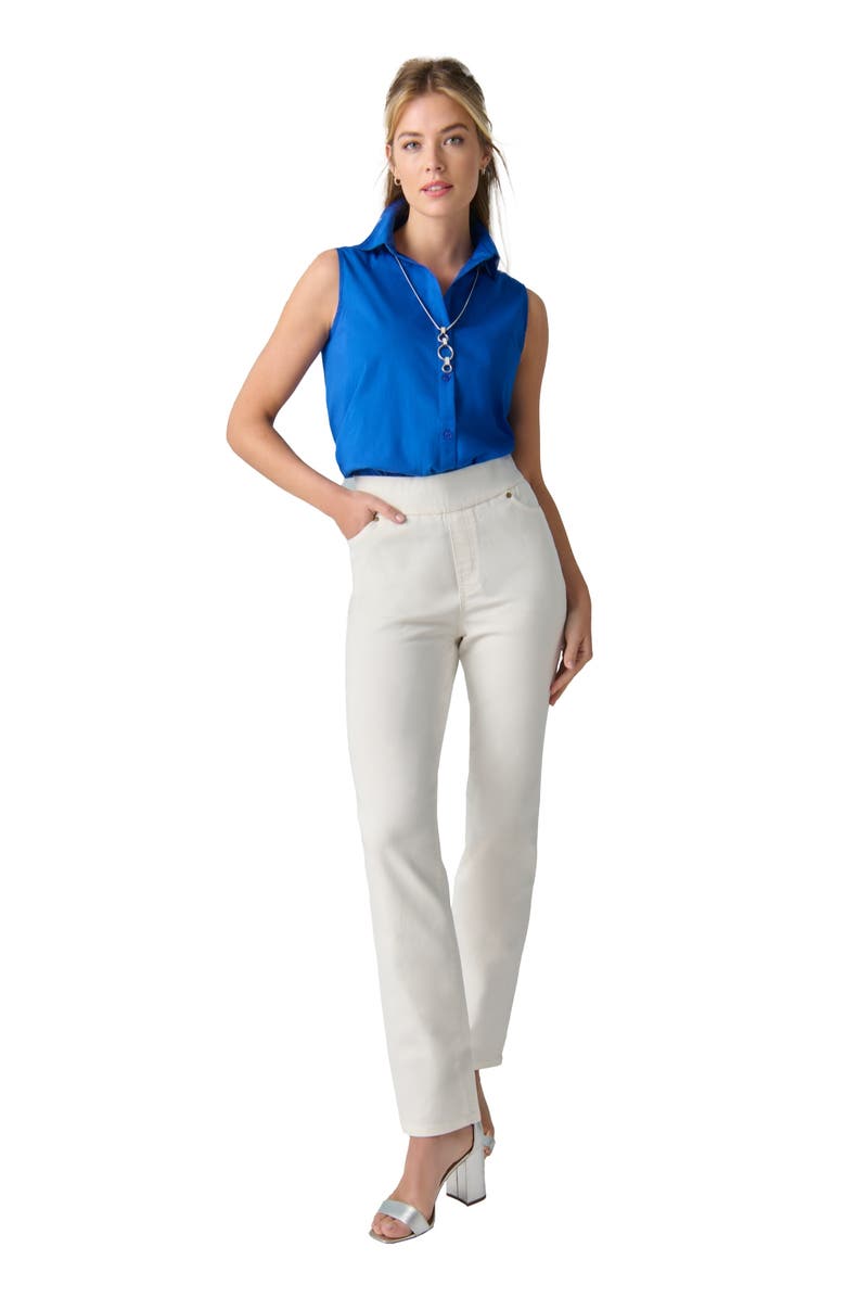 Jessica London Comfort Waist Stretch Denim Straight Leg Jean, Main, color, Blue Floral Embroidery