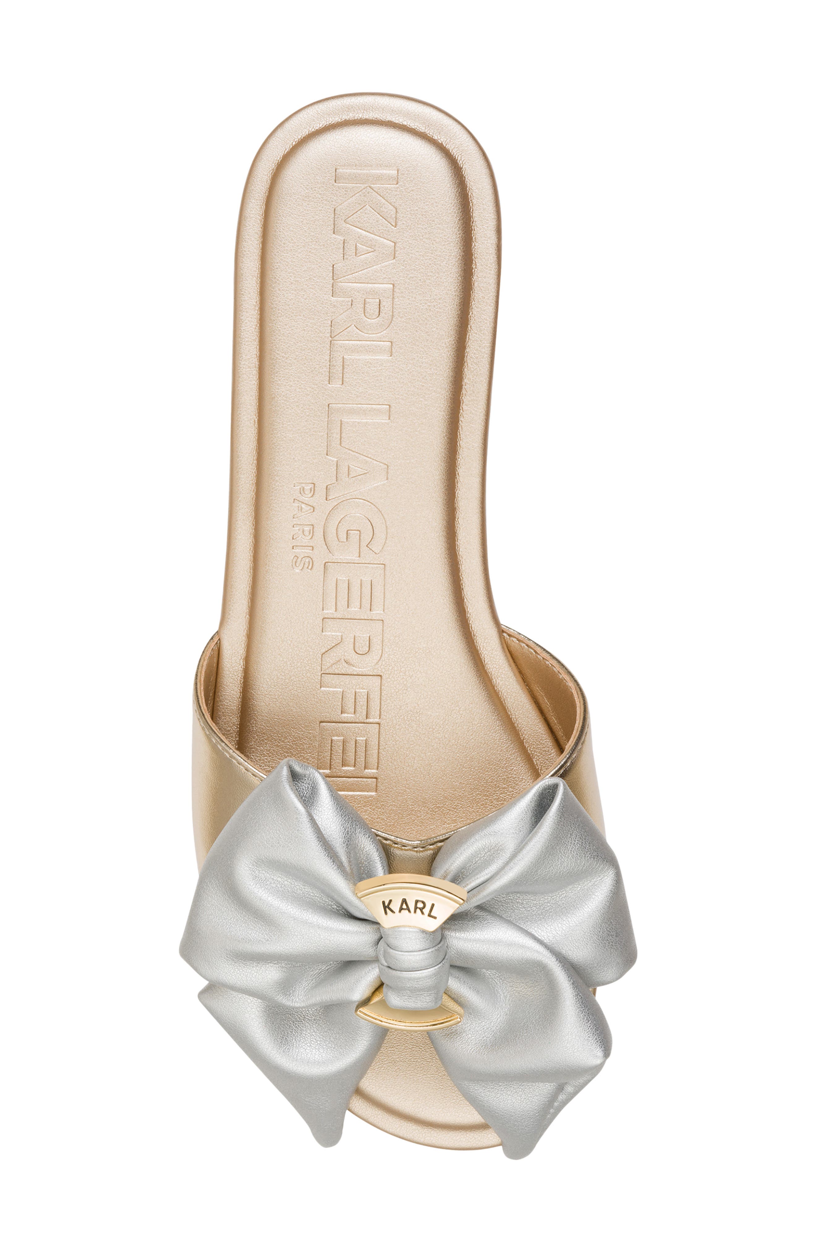 KARL LAGERFELD PARIS Ciaran Bow Slide Sandal, Alternate, color, White Gold/ Silver