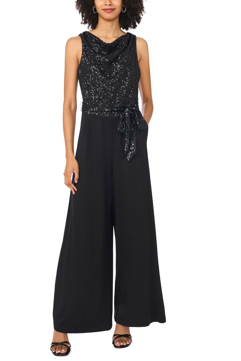 Sequin Cowl Neck Wide Leg Jumpsuit, Main, color, RICH BLACK