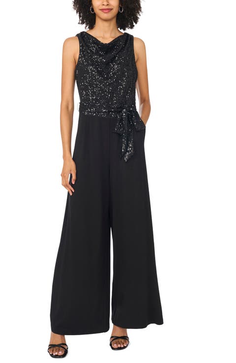 Sequin Cowl Neck Wide Leg Jumpsuit